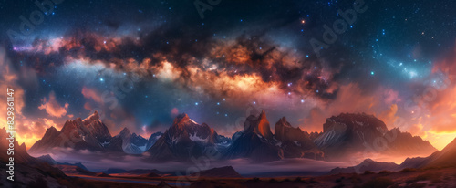 Milky way galaxy over majestic mountain range at twilight