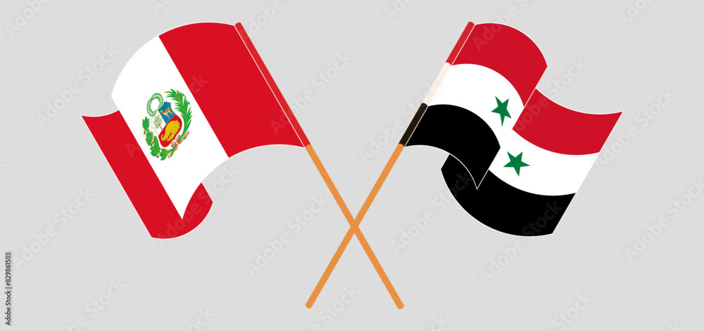 Crossed and waving flags of Peru and Syria Crossed and waving flags of Peru and Syria
