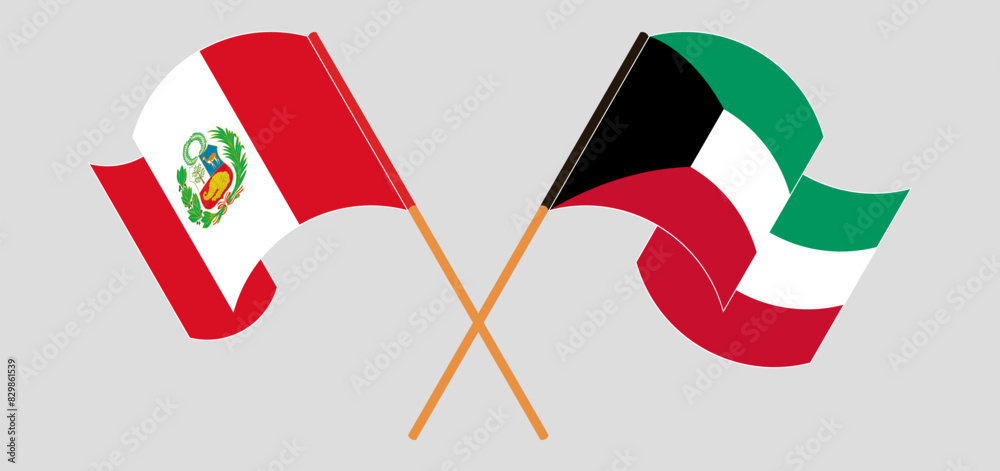 Crossed and waving flags of Peru and Kuwait