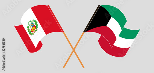 Crossed and waving flags of Peru and Kuwait