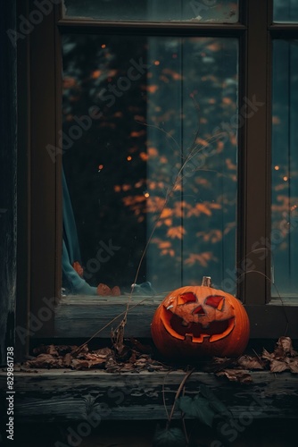 image of a Halloween pumpkin resting by the window, creepypasta style, mysterious backgrounds, exciting, Halloween, eerily realistic, void, dark and creepy themes photo