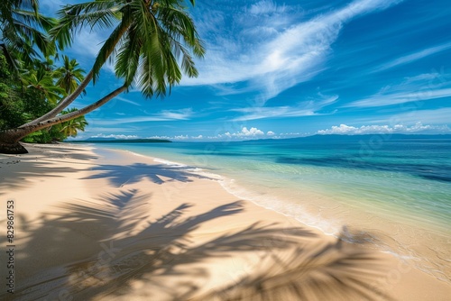 Tropical beach with palm trees and blue sky waves gently crash summer vacation romance concept.