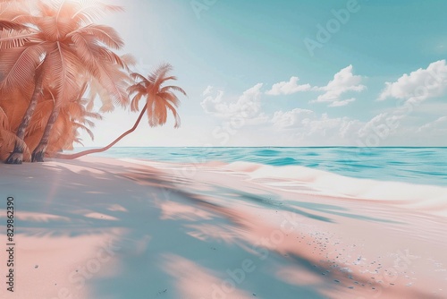 Tropical beach with palm trees and blue sky waves gently crash summer vacation romance concept.