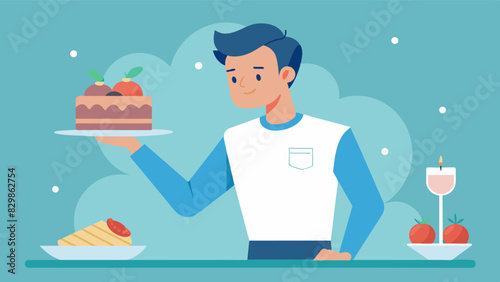 A man confidently turning down a slice of cake at a party knowing that he doesnt need to restrict his food intake to maintain a healthy weight.. Vector illustration