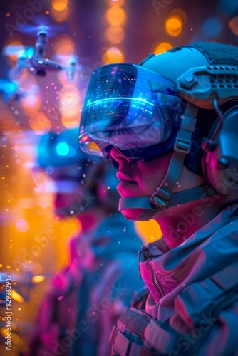 Futuristic IDF Soldiers in Smart Goggles and Tactical Drones T-Shirt Design: Evening Setting with Vibrant Artistic Illustration