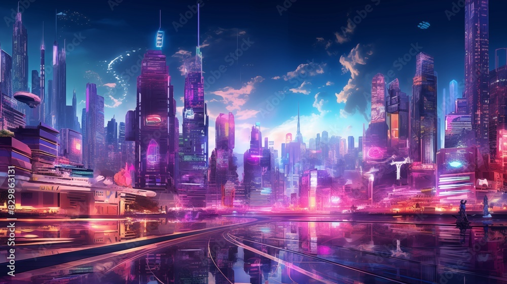 Futuristic cyberpunk cityscape at night featuring neon lights and holographic advertisements. Wide-angle lens and cool color palette evoke a sense of mystery and intrigue. Futuristic cyberpunk cityscape at night featuring neon lights and holographic advertisements. Wide-angle lens and cool color palette evoke a sense of mystery and intrigue.