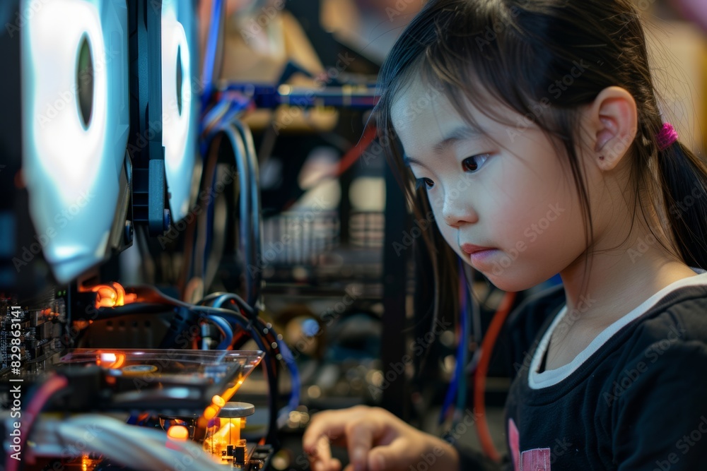 A young Asian girl is focused on setting up and operating a high-fidelity machine in a workshop setting
