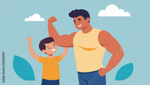A father proudly showing his son how to flex his muscles and embrace his natural body shape.. Vector illustration