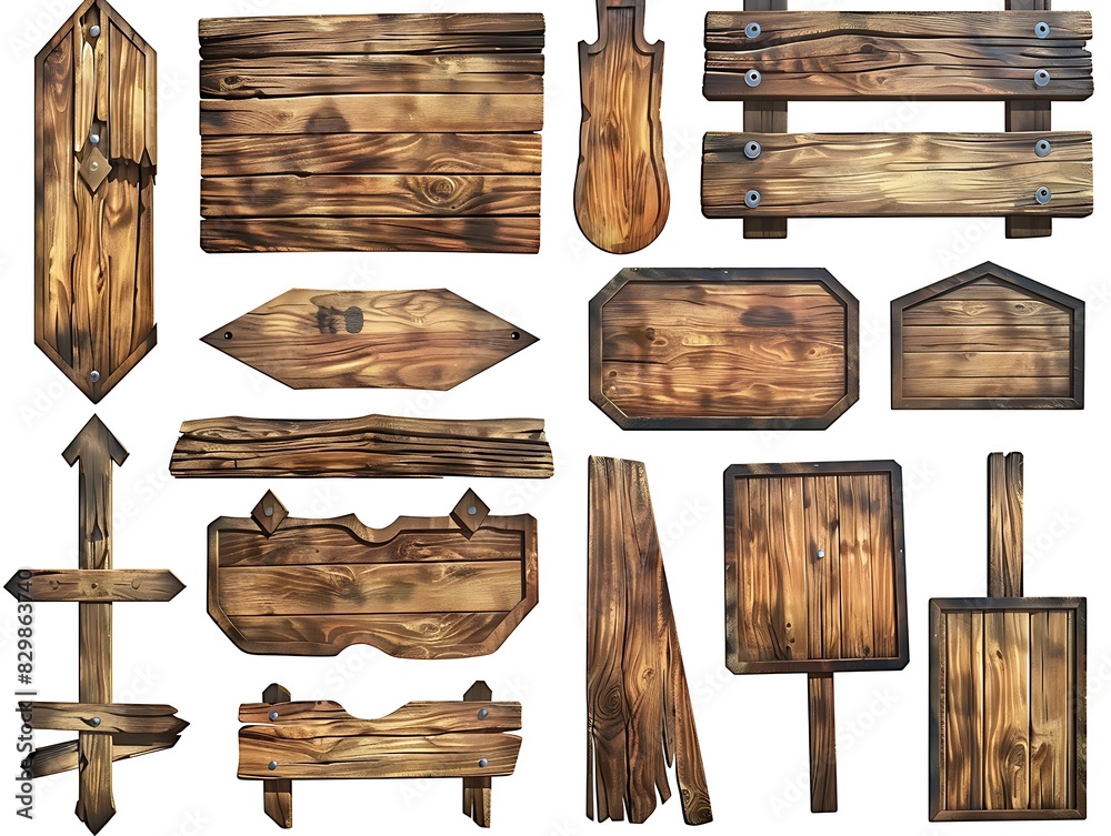 Naklejka premium Wooden signs set against a white background in high resolution