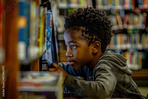 A young Black boy engrossed in reading a book amidst shelves of books in a library