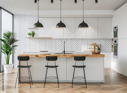 Modern kitchen interior with white herringbone tiles  a wooden countertop and black chairs