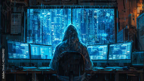 A hacker in a hoodie sitting at a desk with multiple computer screens display code and digital data for data cyber security concept, Photo by AI generative. photo