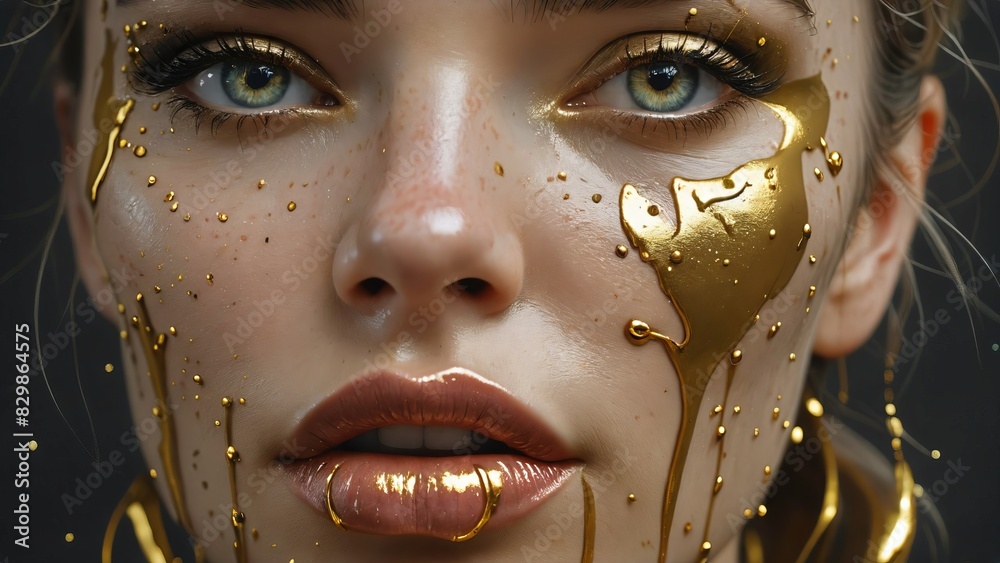 Close-up portrait of a woman with golden paint and metallic makeup, highlighting her striking blue eyes and artistic beauty.