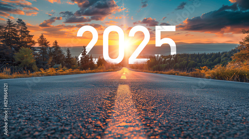 2025 New Year road trip travel with nature landscape and highway road leading forward for happy new year celebration in the beginning of 2025 concept, Photo by AI generative