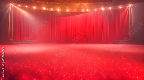 Luxurious theater stage with red velvet curtains with spotlights