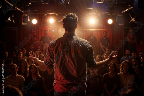 A man stands confidently facing a crowd of people, who are looking attentively towards him