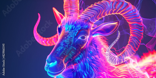 Abstract neon Ibex animal painting on black background, A close up of a goat with a colorful galaxy background © Hafiz