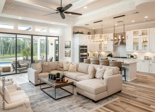 Modern living room and kitchen of new home in Florida with light wood floor, beige sofa set, white cabinets and island counter in the background, ceiling fan hanging from the ceiling