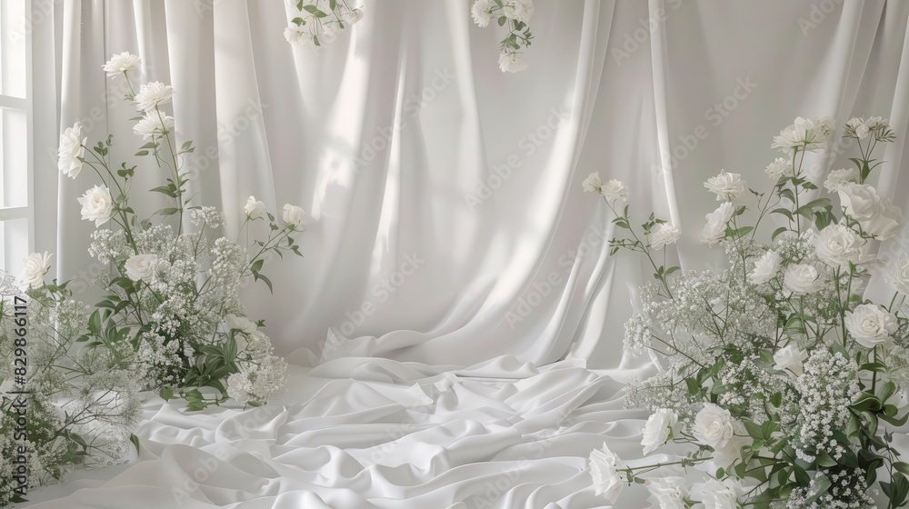 A white curtain with flowers on it A white curtain with flowers on it