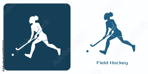 Field Hockey Emblem. Woman Playing Feld Hockey, hit a ball with a field hockey stick.