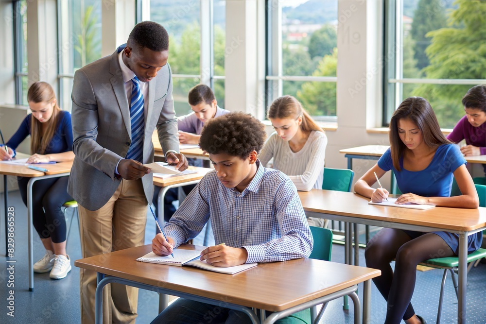 Fototapeta premium group of multiethnic students sitting in classroom and writing in school class, studying and learning concept