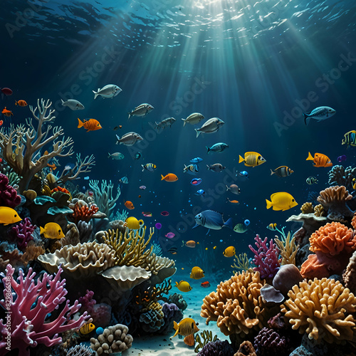 A photorealistic plunge into the ocean's depths. Sunlight filters through pristine water, revealing a breathtaking display of marine life