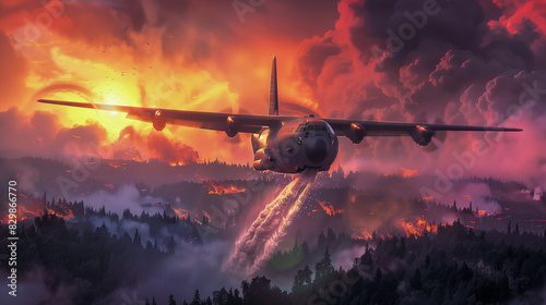 Airplane Dropping Fire Retardant Over Forest at Sunset photo