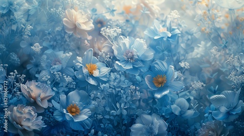 A blue flower field with a lot of flowers