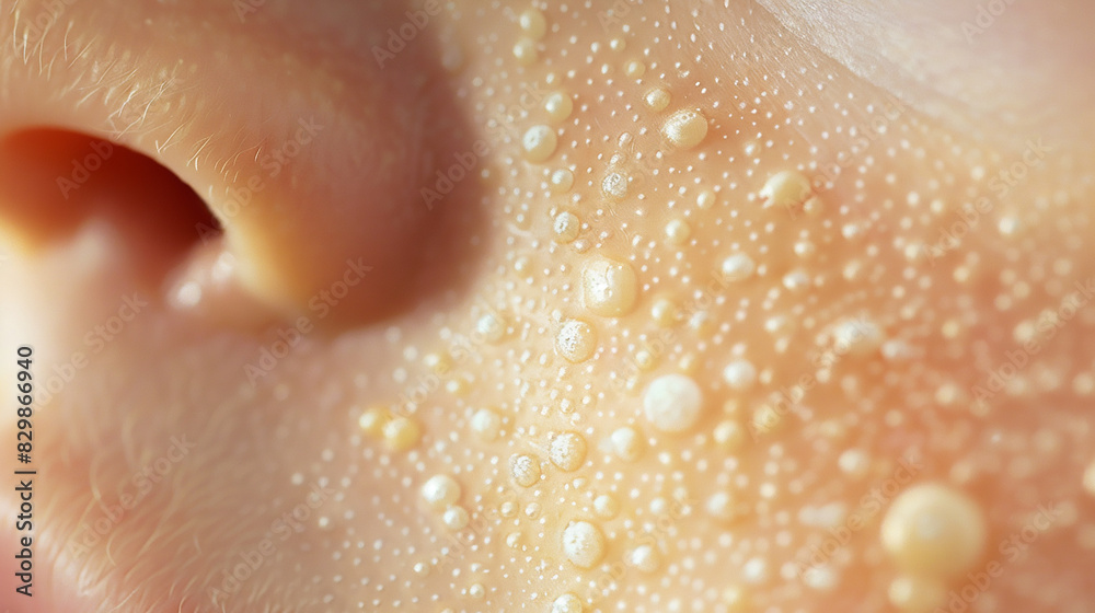 Fototapeta premium Close-up of a baby's cheek with Milia, showing tiny white bumps on the skin texture. Detailed photo of common infant skin condition.