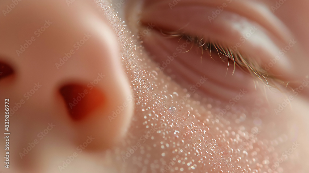 Fototapeta premium Close-up of a baby's delicate skin and face highlighting intricate details and texture. Ideal for parenting, skincare, and health-related themes.
