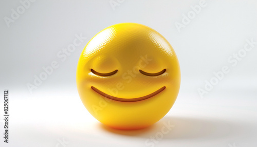 A 3D luxury yellow face emoji with a serene smile and closed eyes, isolated on a white background with copy space for text.