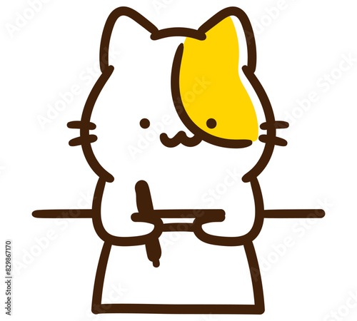 白い紙に何かを書くかわいいねこのキャラクターのデフォルメイラスト