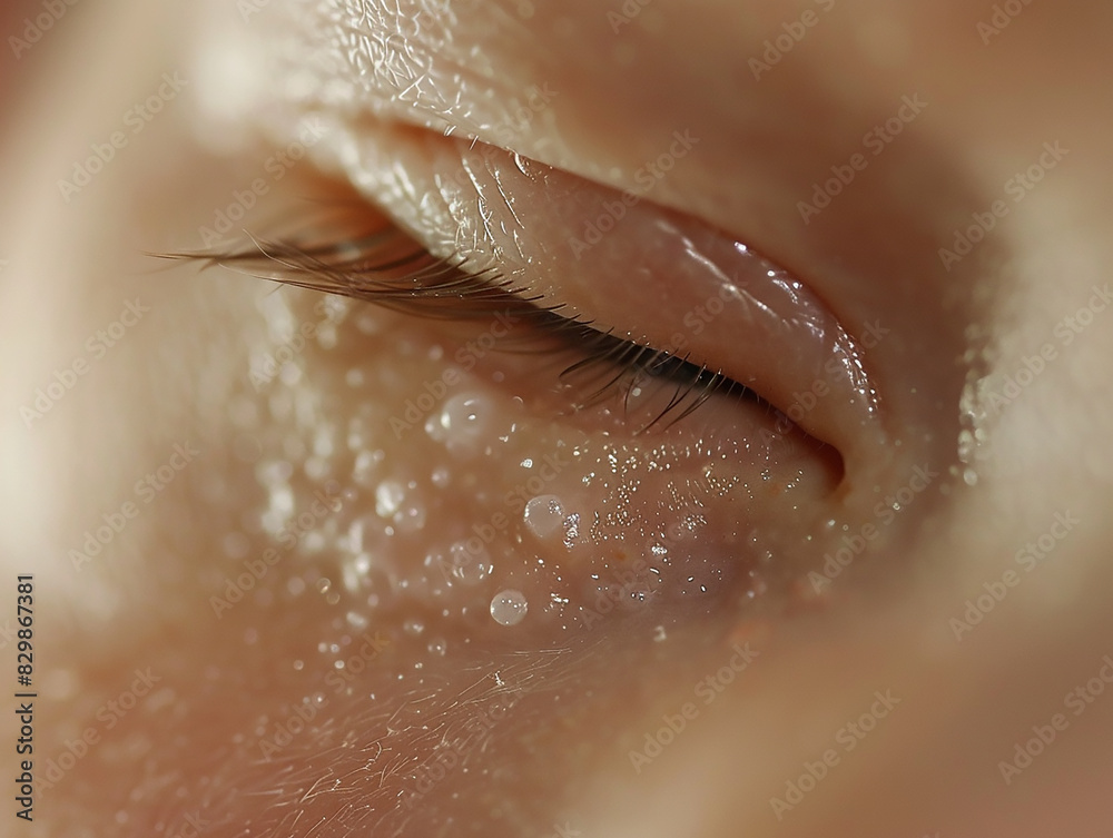 Fototapeta premium Close-up of a newborn baby's eye with milia, capturing delicate skin textures and tiny details of early infant development.