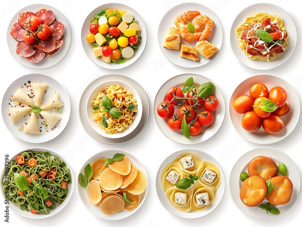 Various plates of food on a white background Various plates of food on a white background