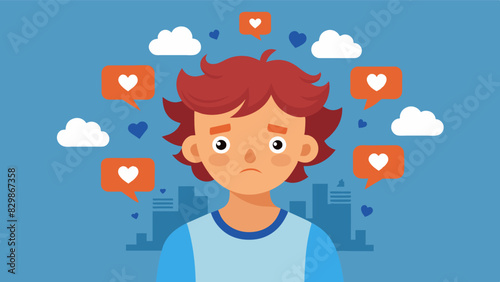 A teenager feeling the pressure to obtain a certain number of likes and followers on their social media accounts often sacrificing their mental health for validation.. Vector illustration