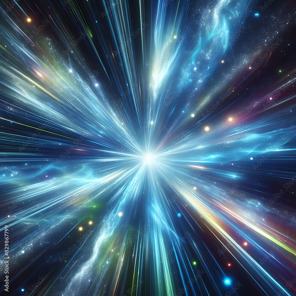 Abstract background in blue green and white neon glow colors. Speed of light in galaxy. Explosion in universe Abstract background in blue green and white neon glow colors. Speed of light in galaxy. Explosion in universe