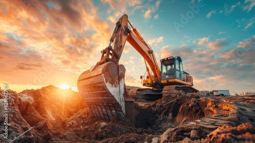 Backhoe working by digging soil at construction site. Crawler excavator digging on soil. Excavation vehicle. photo