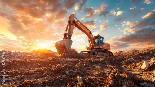 Backhoe working by digging soil at construction site. Crawler excavator digging on soil. Excavation vehicle.