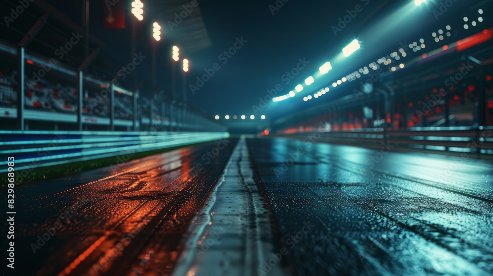 Empty race track at night with wet surface and lights