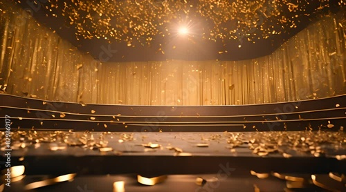 Luxurious theater stage with spotlights and golden confetti flying