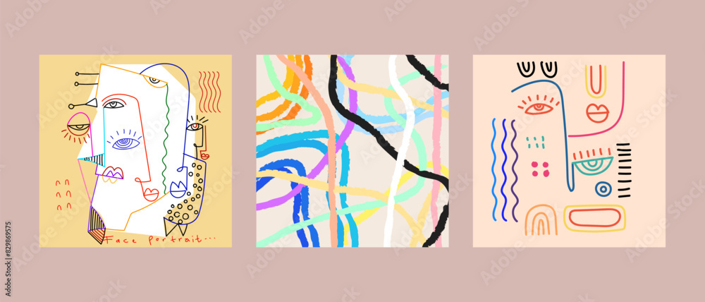 Set of abstract face portrait line art doodle hand drawn wall art background vector illustration. Cubism art, decorative aesthetic. Set of abstract face portrait line art doodle hand drawn wall art background vector illustration. Cubism art, decorative aesthetic.
