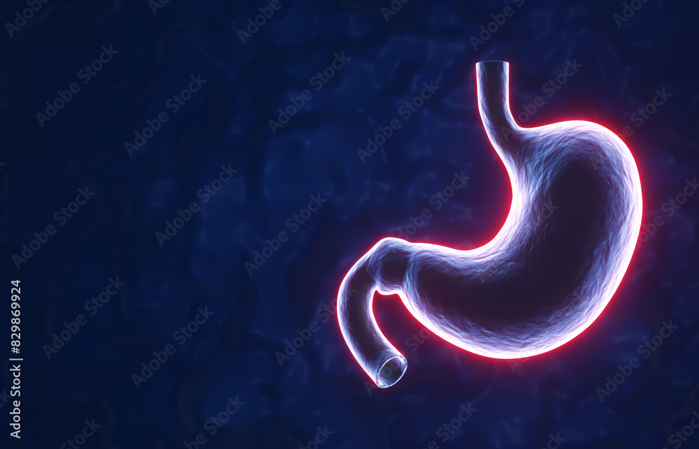 Neon glow human stomach on blue background. Human stomach pain concept. 3d-rendering Neon glow human stomach on blue background. Human stomach pain concept. 3d-rendering