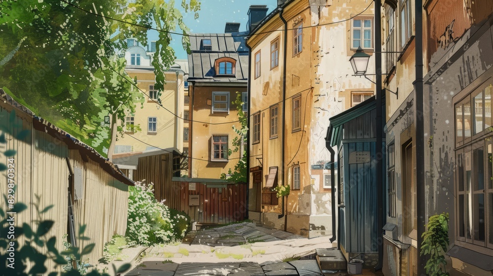 Obraz premium Cute seamless old town pattern. Watercolor illustration. Cute watercolor houses, European streets