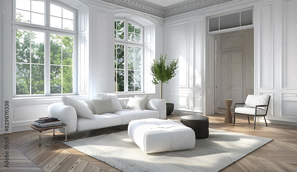 Fototapeta premium Modern living room interior with a white sofa and armchair near a window on a wooden floor in a minimalist home design