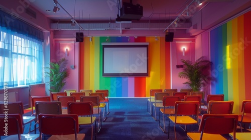 Embracing Diversity: Tranquil LGBTQA+ Seminar Room with Rainbow-Themed Decor and Pride Flags | Photorealistic Canon EOS K5 85mm Photography
