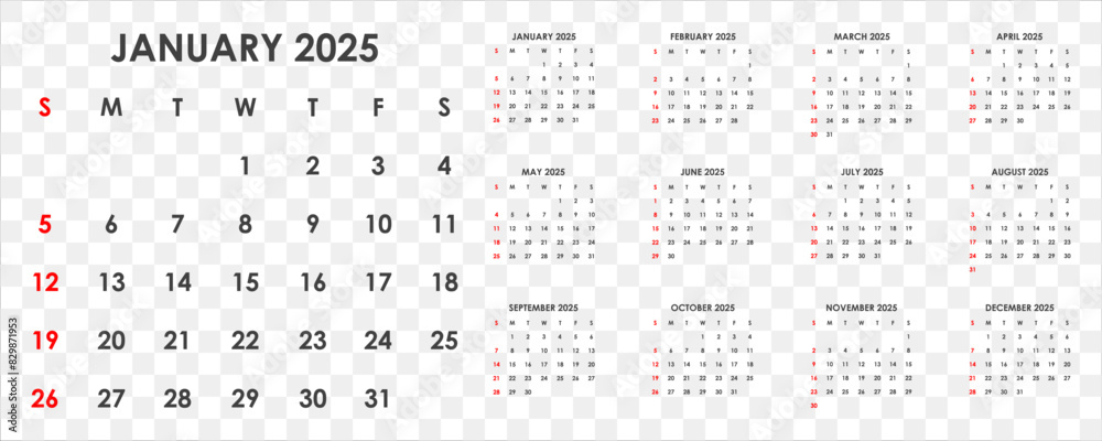 2025 Calendar. The week starts on Sunday. Vector. Stock Vector | Adobe ...