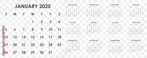 2025 Calendar. The week starts on Sunday. Vector.