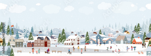 Christmas Background,Winter Village Landscape blue sky with snow on pine tree,house,Seamless Pattern City Night people celebration in the park,Vector Xmas horizon banner Winter wonderland forest