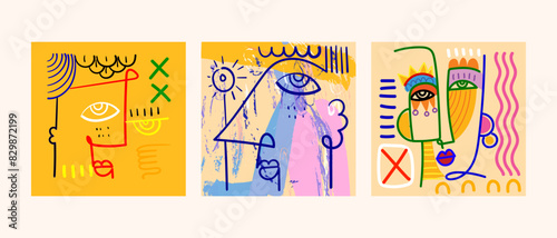 Set of abstract face portrait line art doodle hand drawn wall art background vector illustration. Cubism art, decorative aesthetic.