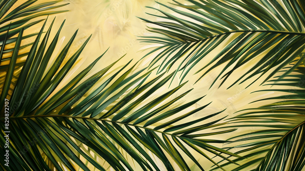 A tranquil setting with palm branches in the background, where delicate leaves gently sway in the wind. A tranquil setting with palm branches in the background, where delicate leaves gently sway in the wind.